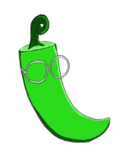 A green chilli with a curly stem and round silver glasses. This is supposed to represent Rita.