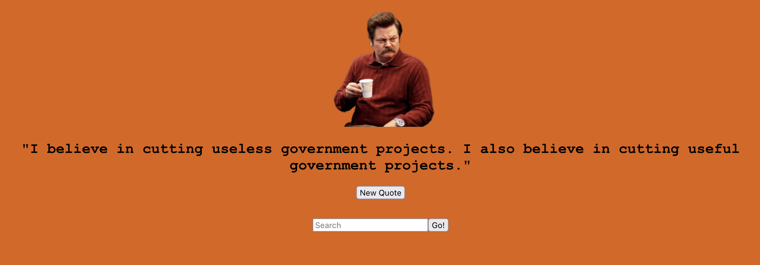 Orange page with Ron Swanson in centre. A random quote from the character is featured below